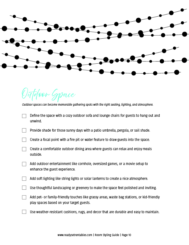 Room Styling Checklist outdoor space page with seating, shade, lighting, and gathering-area checklist items.