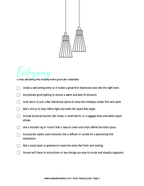 Room Styling Checklist entryway page with first-impression and lighting checklist items.