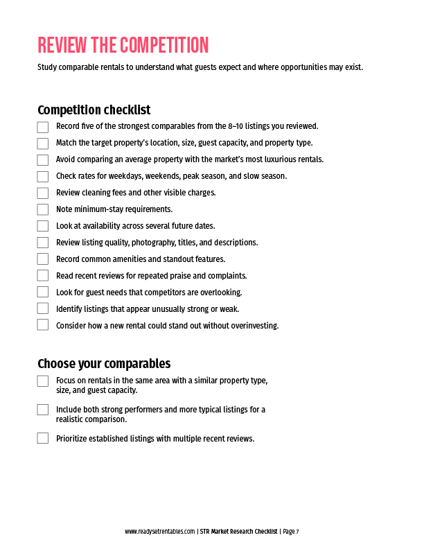 STR Market Research Checklist competition page for researching comparable rentals and opportunities in the market.