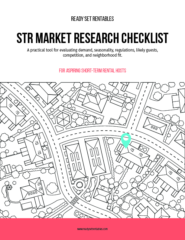 STR Market Research Checklist cover for evaluating demand, seasonality, regulations, competition, and neighborhood fit.