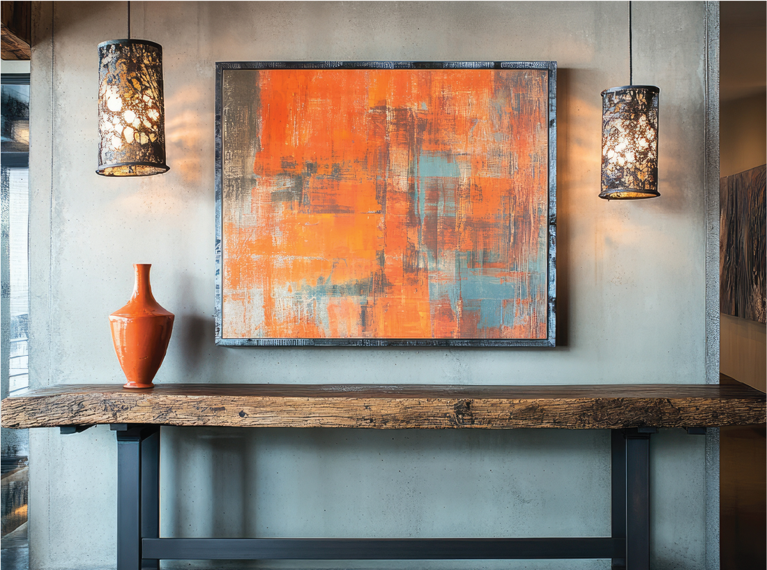 Bold industrial wall styling with framed artwork